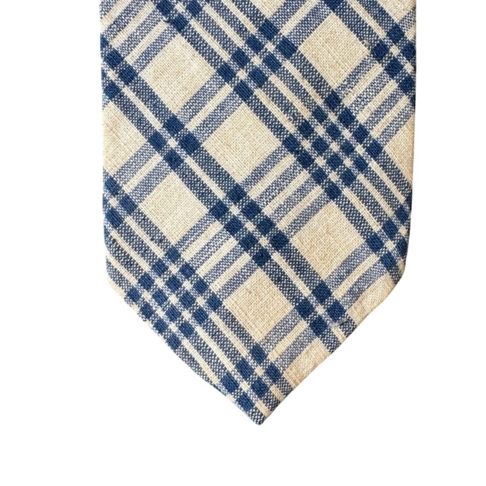 Briar Pride of England Mens Plaid Necktie Navy Blue Tan Linen Blend 56 Inch